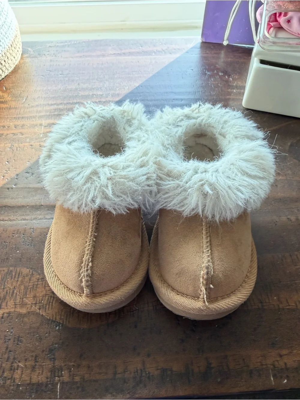 Cat & Jack Tan Faux-Suede Kids Booties with Cream Plush Cuff